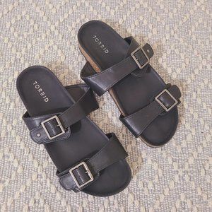 Torrid Double Strap Buckle Black Cork Bed Slip On Sandals Size 8.5 Wide